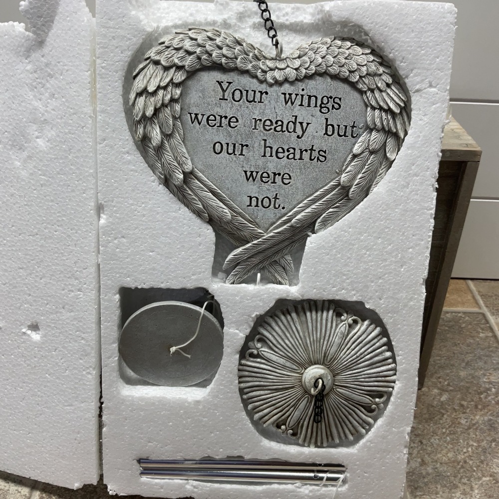 Collections Etc Memorial Angel Wings Heart Wind Chime Your Wings Were Ready Gray